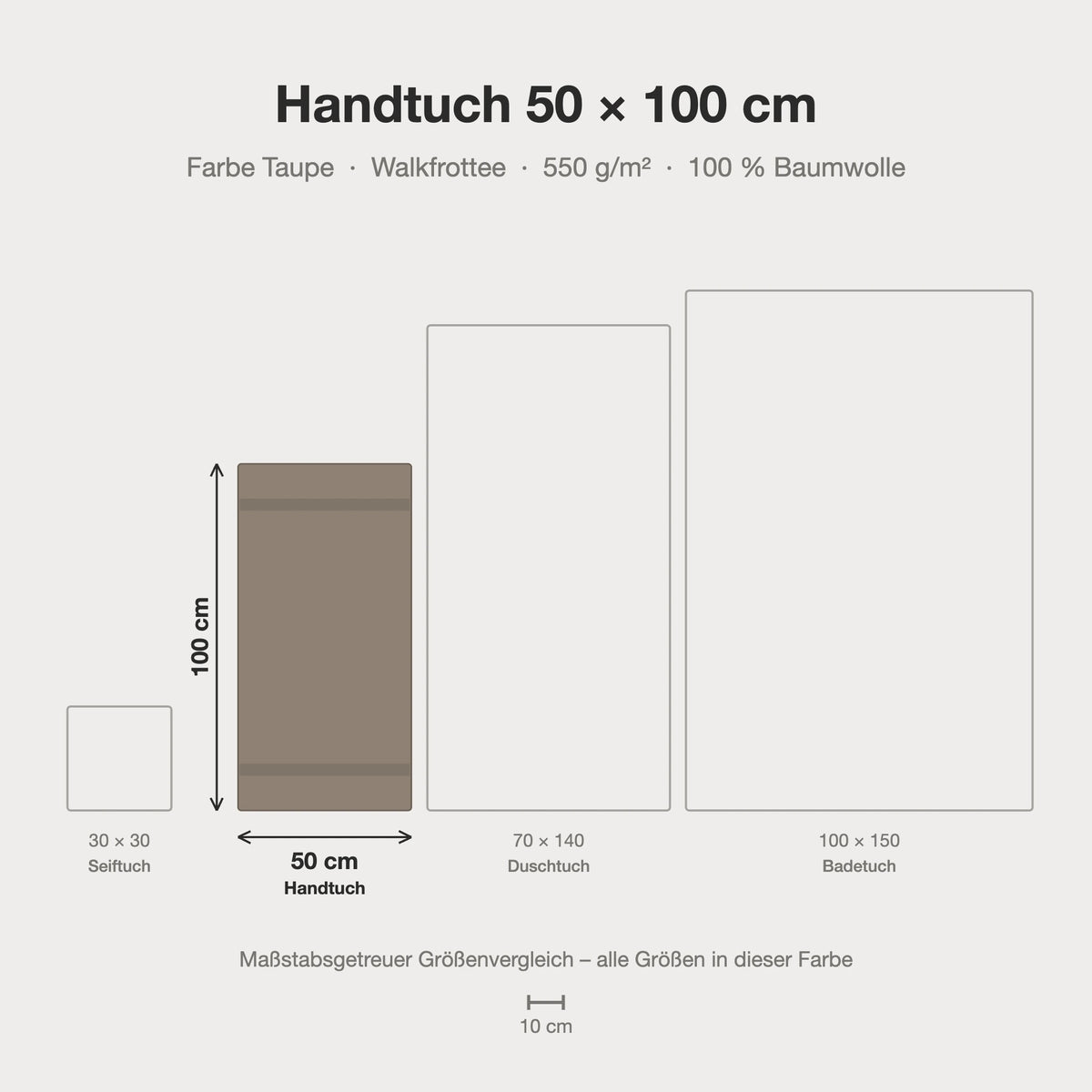 Maßstabsgetreue Größen-Infografik: Handtuch 50 x 100 cm in taupe
