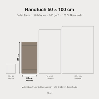 Maßstabsgetreue Größen-Infografik: Handtuch 50 x 100 cm in taupe