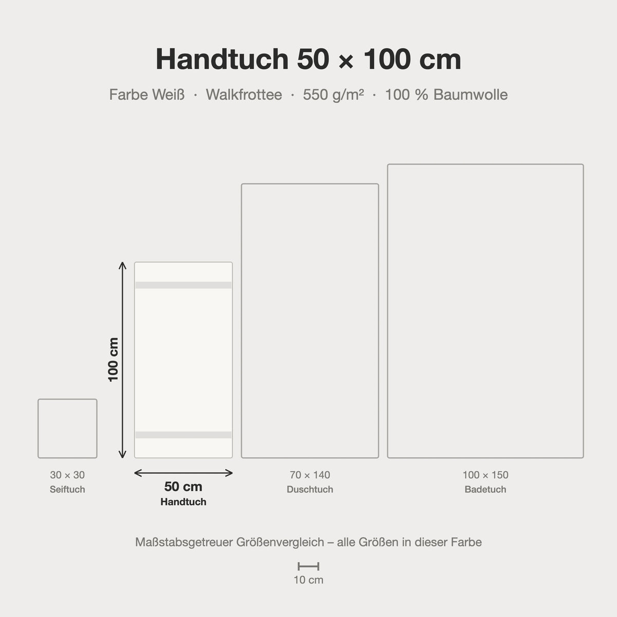 Maßstabsgetreue Größen-Infografik: Handtuch 50 x 100 cm in weiß