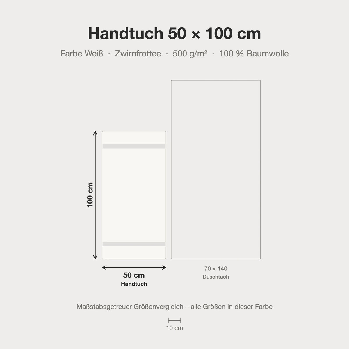 Größenvergleich: Handtuch 50 x 100 cm in weiß – maßstabsgetreue Infografik