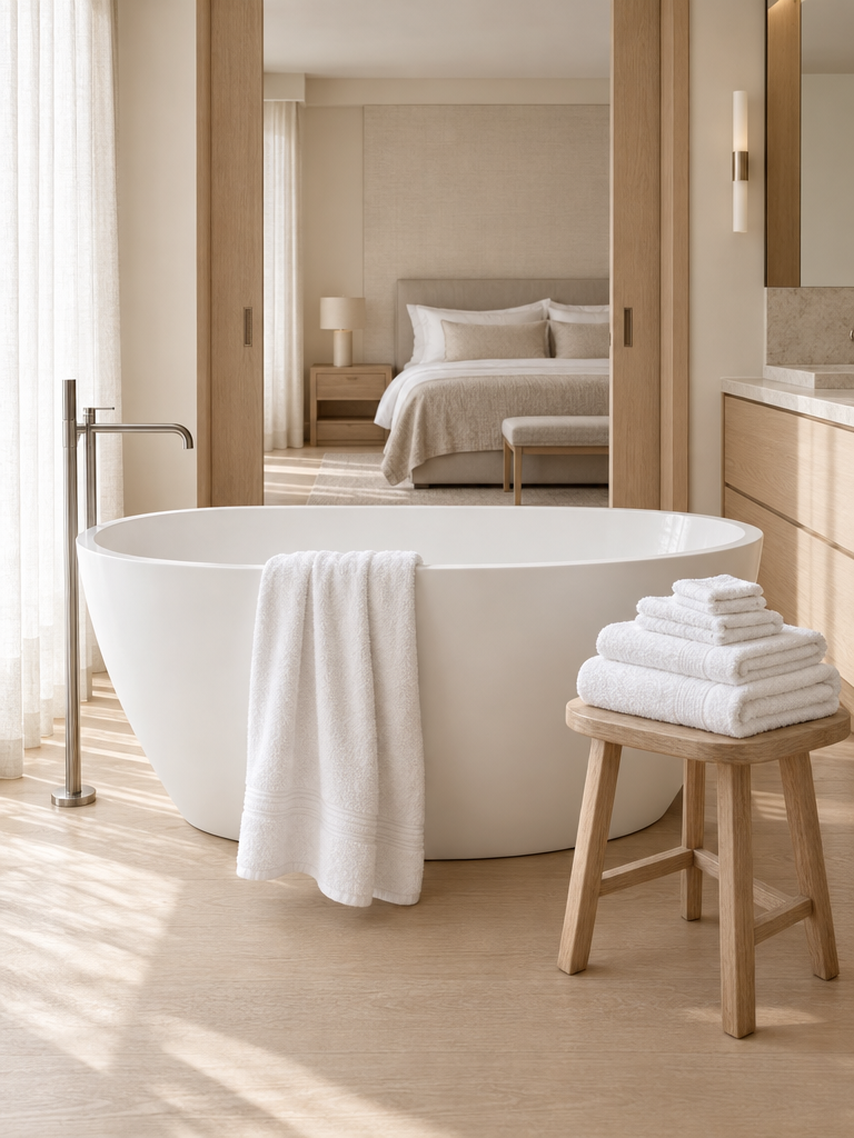 Handtücher Badetücher Set neben der freistehenden Badewanne mit großem Badetuch