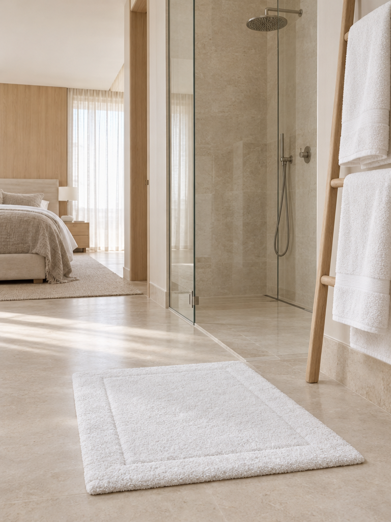 Handtücher fürs Badezimmer im Set mit passender weißer Badematte vor der Dusche