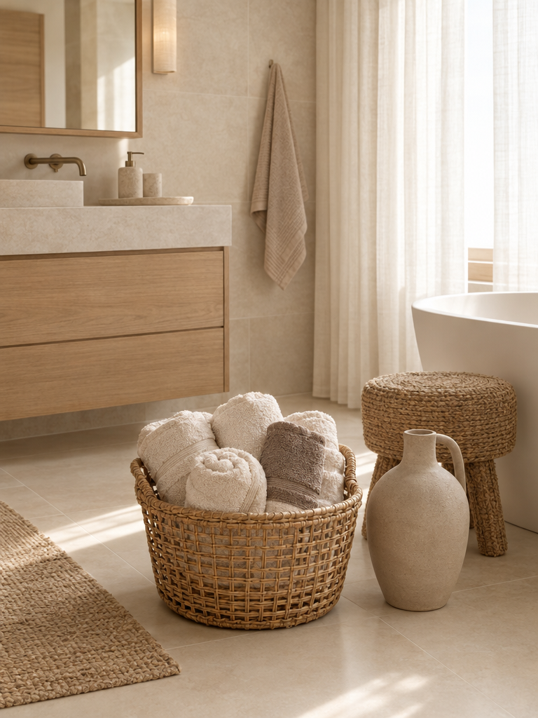 Handtücher beige Boho-Stil mit Rattankorb und Keramikkrug im hellen Bad