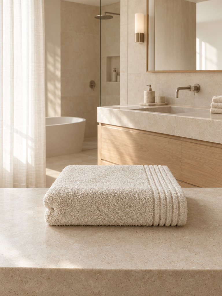 Handtücher creme beige aus Zwirnfrottee mit Stäbchenbordüre im Detail
