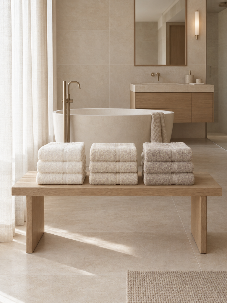 Handtücher creme, sand und creme-beige als Stapel nebeneinander auf einer Holzbank