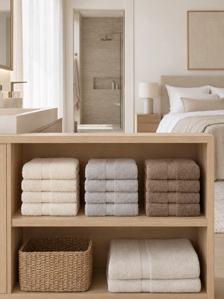 Handtücher Set in Beige, Grau und Cappuccino als Farbstapel im Regal