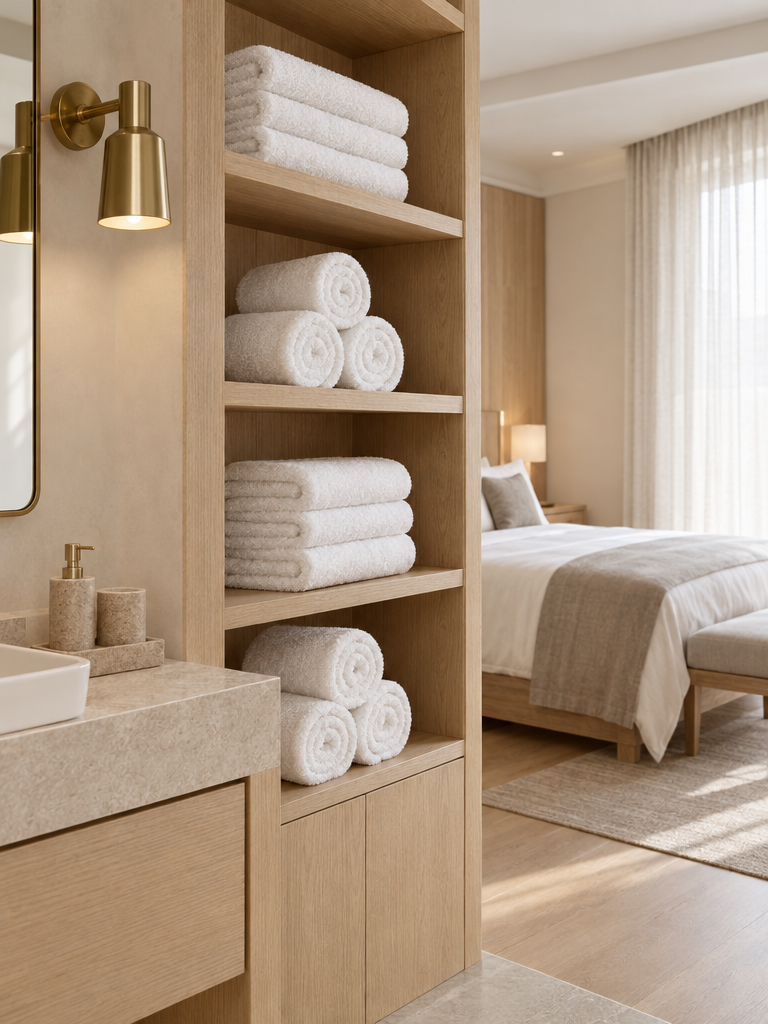 Handtücher Set in Hotelqualität: weiße Frotteetücher im Hotelbad-Regal