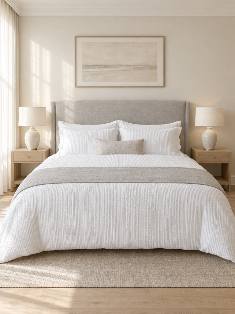 Hochwertige Seersucker Bettwäsche in einem Schlafzimmer wie im Boutique-Hotel