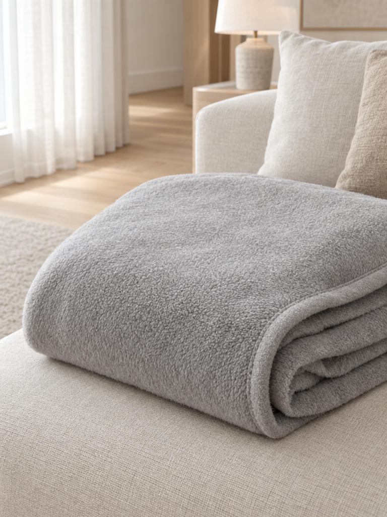 Hochwertige Sofadecke mit sauber eingefasstem Rand im Detail