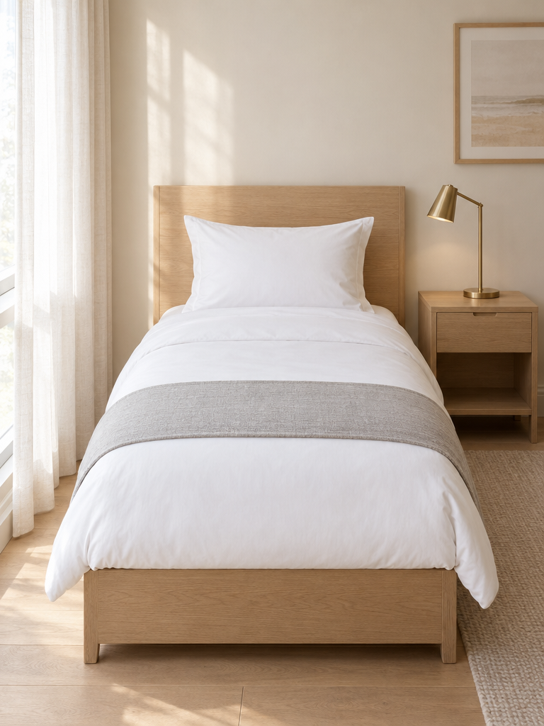 Hochwertige Spannbettlaken 90x200 in Hotelqualität auf einem perfekt gemachten Einzelbett