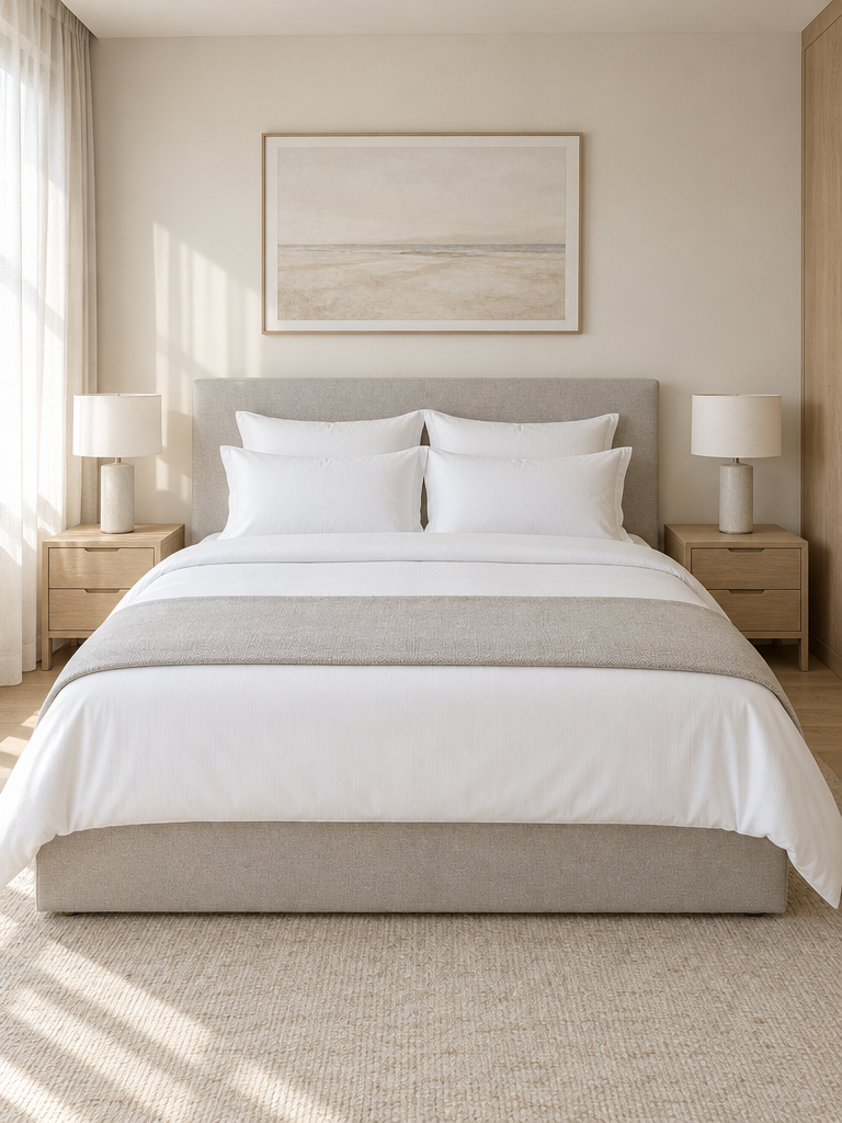 Frisch bezogenes Bett mit Hotel-Bettwäsche 155x220 und hellgrauem Bettläufer