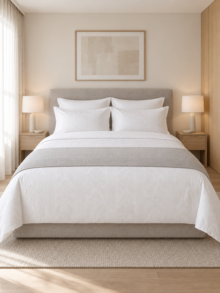 Damast Bettwäsche Hotelqualität mit Hotelfalte auf einem Doppelbett