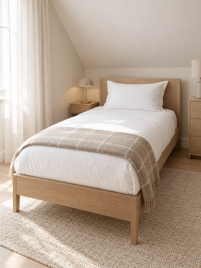 Hotel Kissen auf einem schmalen Gästebett unter der Dachschräge