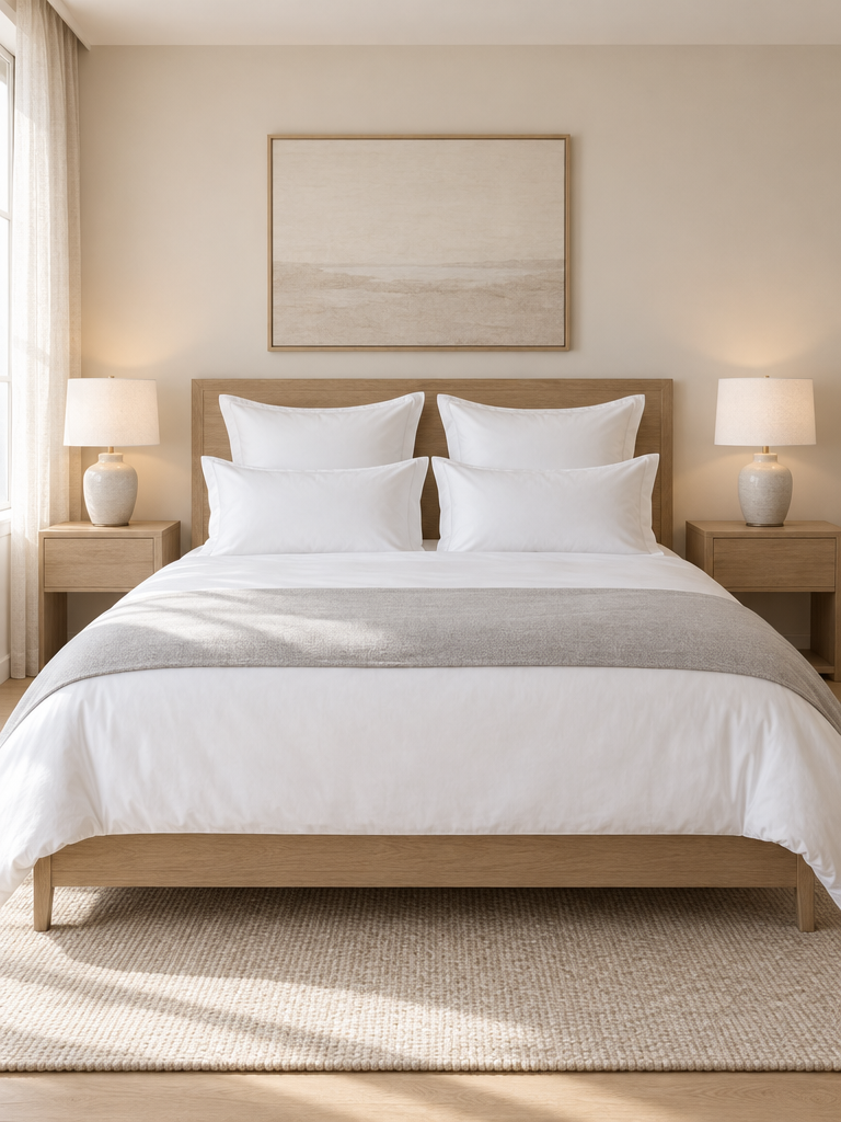 Hotel Kissenbezüge auf symmetrisch arrangierten Kissen im Boutique-Hotel-Stil