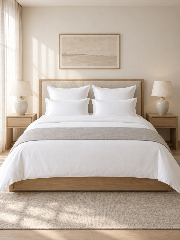 Hotel Kopfkissen 80x80 symmetrisch arrangiert auf einem Bett im Hotelstil