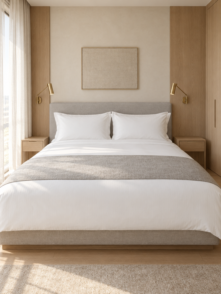 Frisch bezogenes Bett mit Hotelbettwäsche 135x200 und hellgrauem Bettläufer