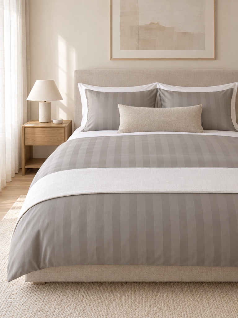 Hotelbettwäsche grau in einem Schlafzimmer im Boutique-Hotel-Stil