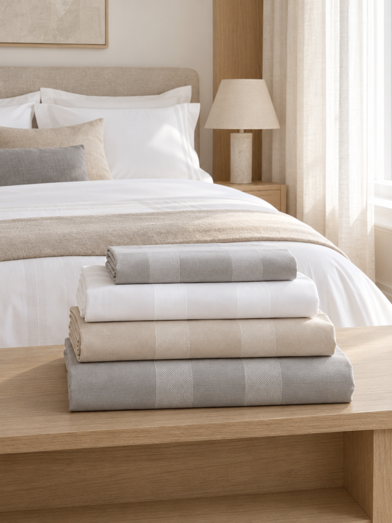 Hotelbettwäsche weiß und grau gestapelt