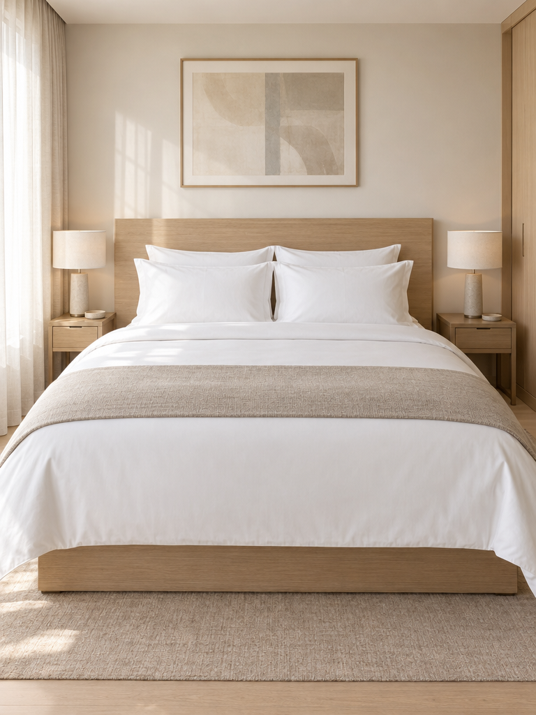 Hotelbettwäsche in Weiß auf einem frisch gemachten Hotelbett