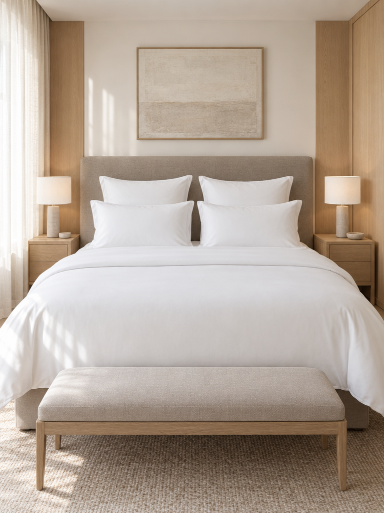 Hotelkissen in zwei Größen hintereinander auf einem Bett im Hotelstil