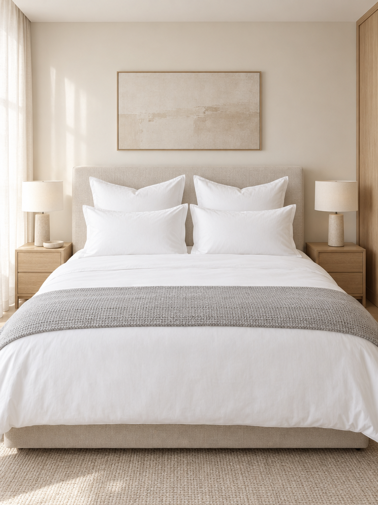Hotelkissen in Weiß auf einem frisch gemachten Bett mit cremefarbenem Kopfteil