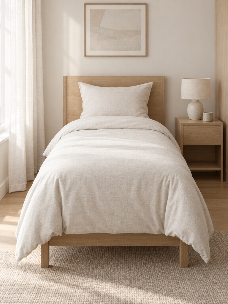 Jersey Bettwäsche 135x200 auf einer Einzeldecke im hellen Schlafzimmer