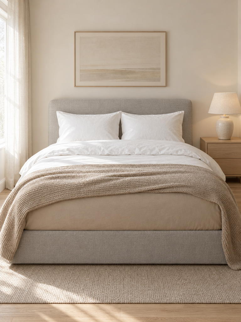 Jersey Spannbettlaken 180x200 in Champagner-Beige auf einem Doppelbett