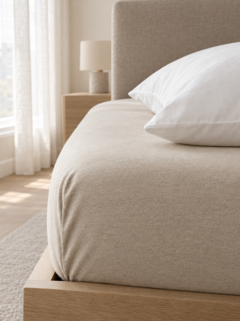 Jersey Spannbettlaken 90x200 aus Baumwolle in Champagner-Beige in der Nahaufnahme
