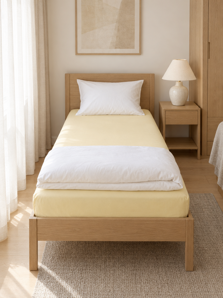 Bettlaken Jersey in Gelb auf einem Einzelbett