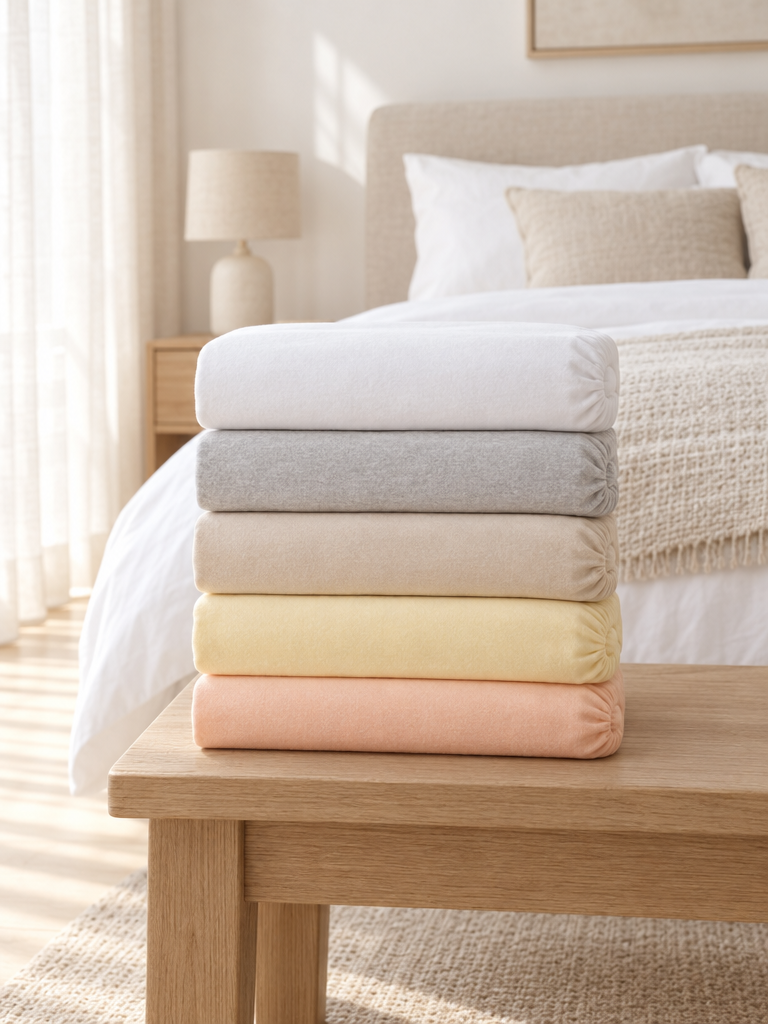 Jersey Spannbettlaken in Weiß, Grau, Beige, Gelb und Apricot gefaltet