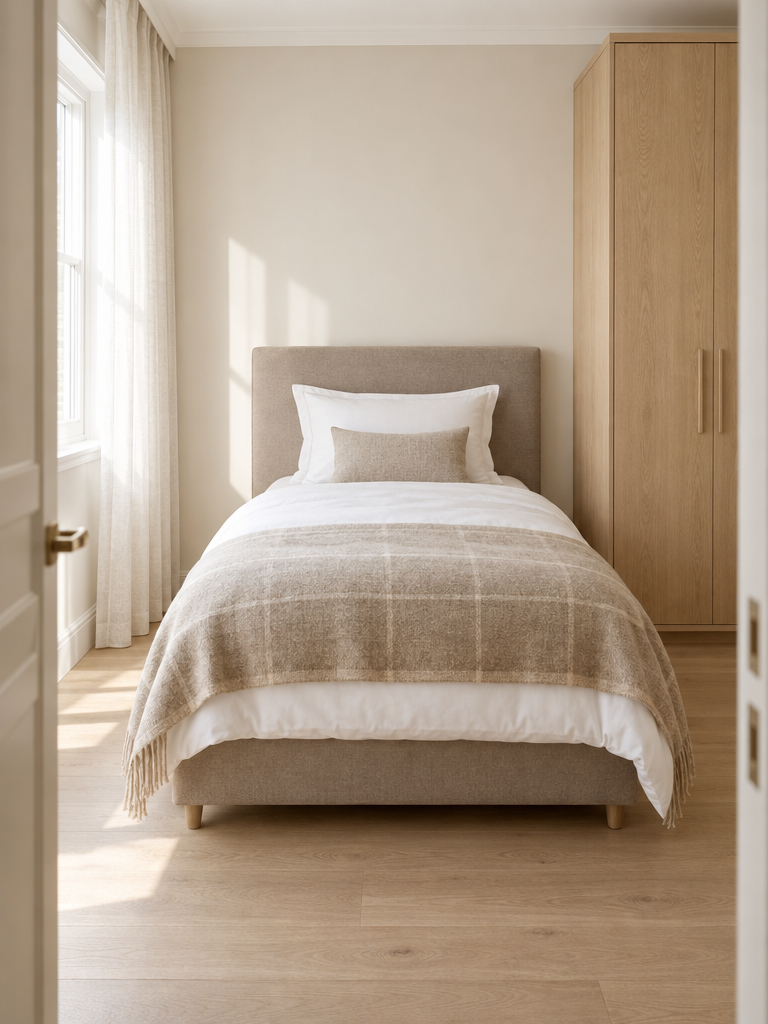 Jugendbett 120x200 mit weißem Laken in einem hellen Schlafzimmer