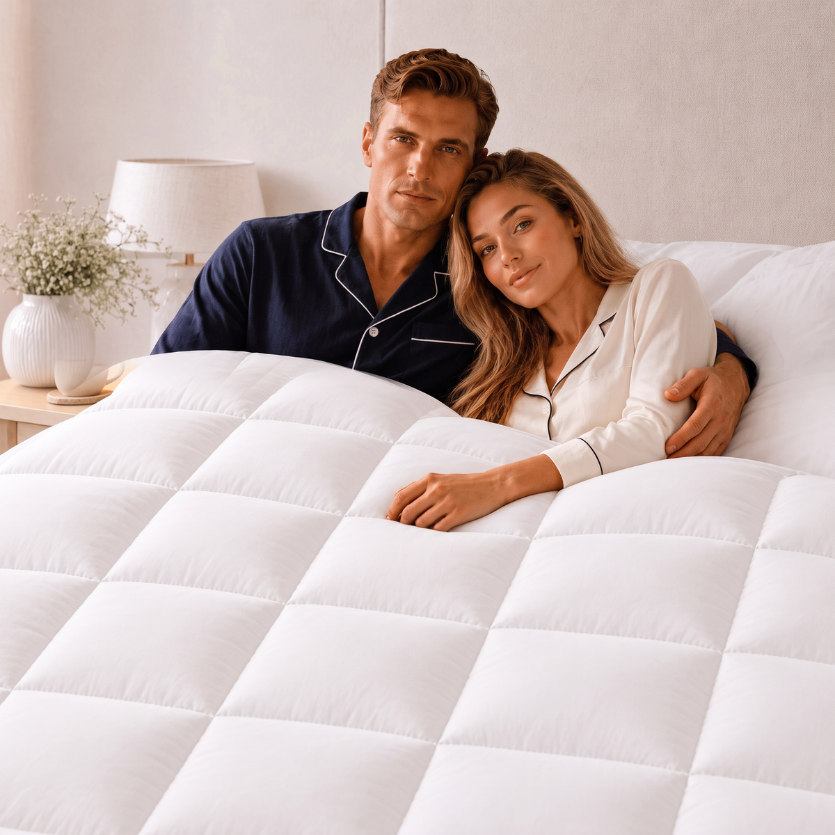 Paar im Bett unter weißer Kassettendecke mit Daunen