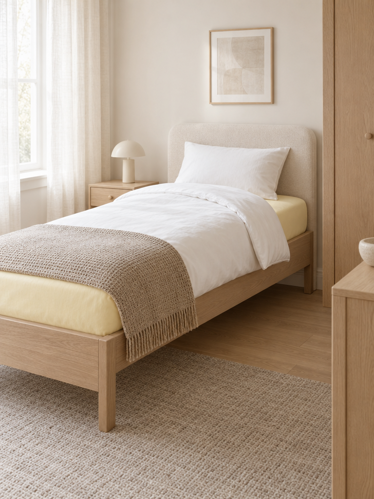 Kinder Spannbettlaken 90x200 in Gelb auf einem Einzelbett im hellen Kinderzimmer