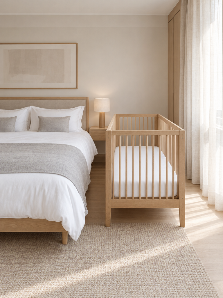 Kinder Spannbettlaken auf einem Kinderbett neben dem Elternbett in einem Serviced Apartment