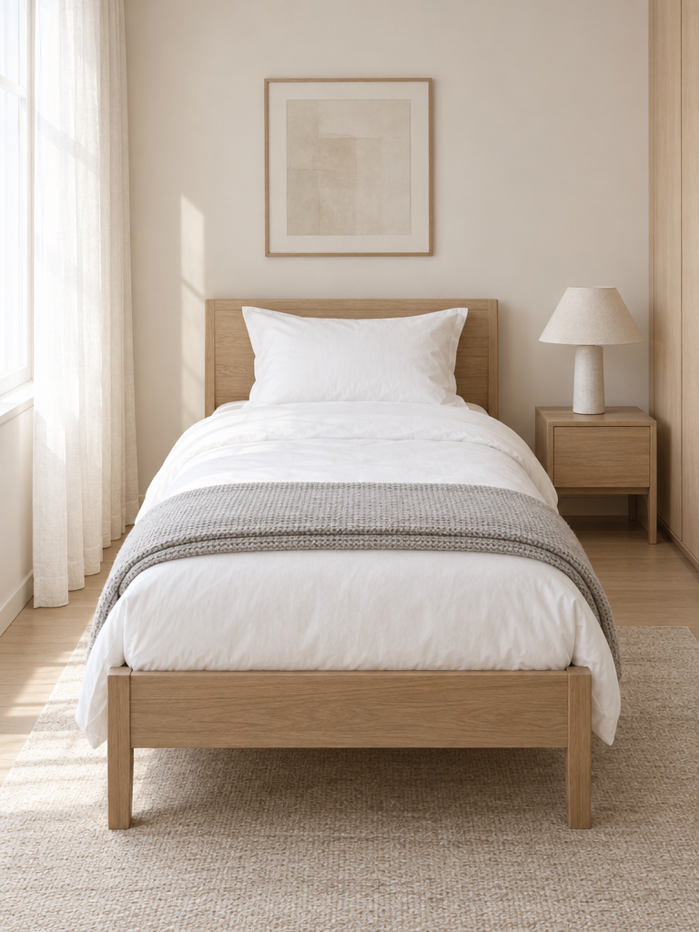 Kinderbettdecke in Weiß auf einem schlichten Einzelbett aus heller Eiche