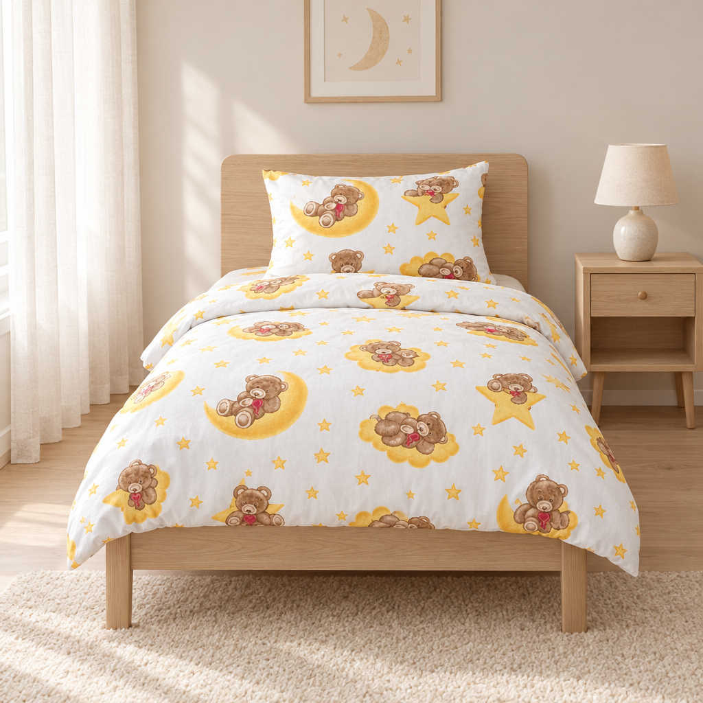 Kinderbettwäsche 100x135 mit Teddybären auf einem Kinderbett aus heller Eiche