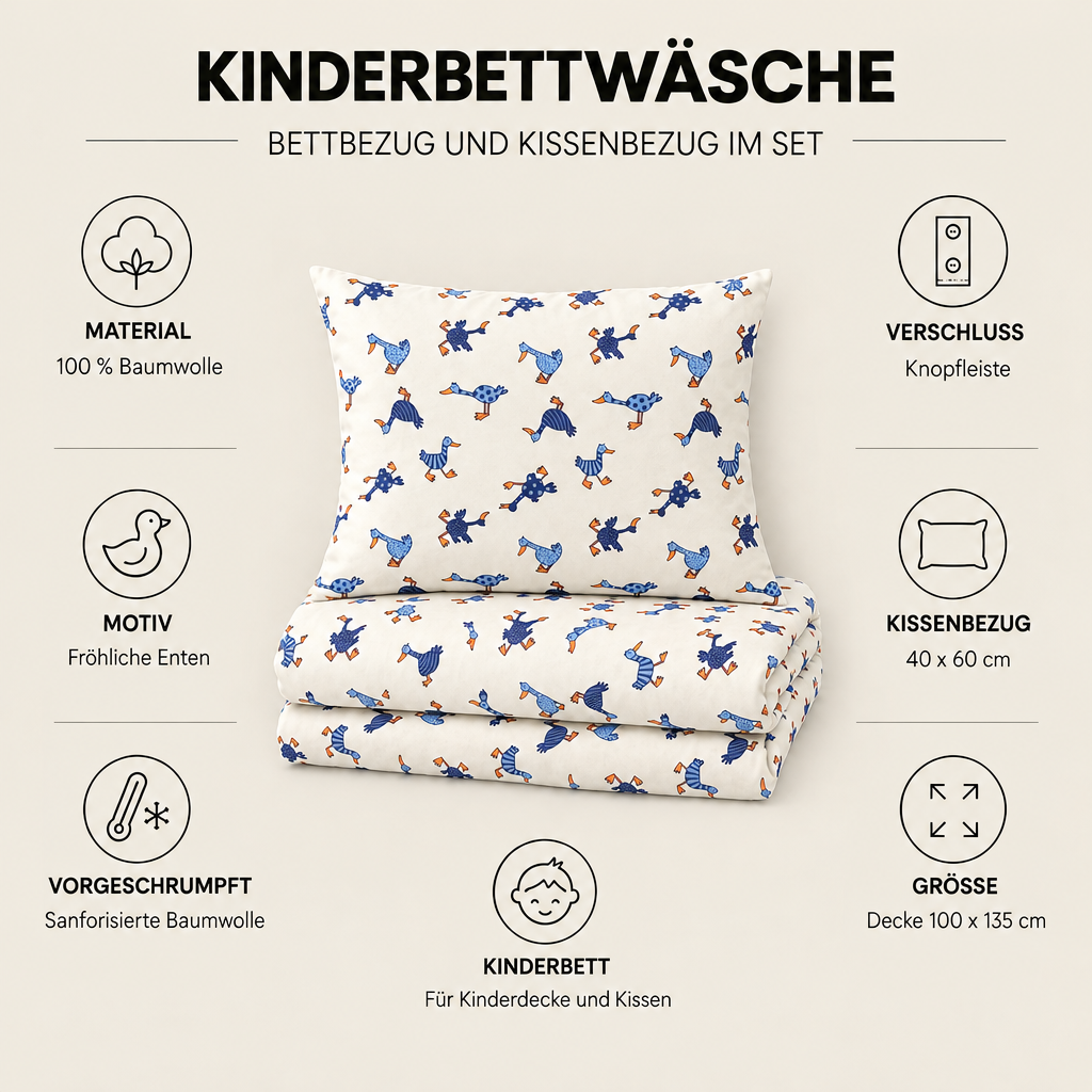 Kinderbettwäsche Enten creme – Material, Knopfleiste und Größen im Überblick