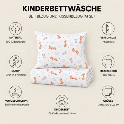 Kinderbettwäsche Giraffe & Nilpferd creme – Material, Knopfleiste und Größen im Überblick