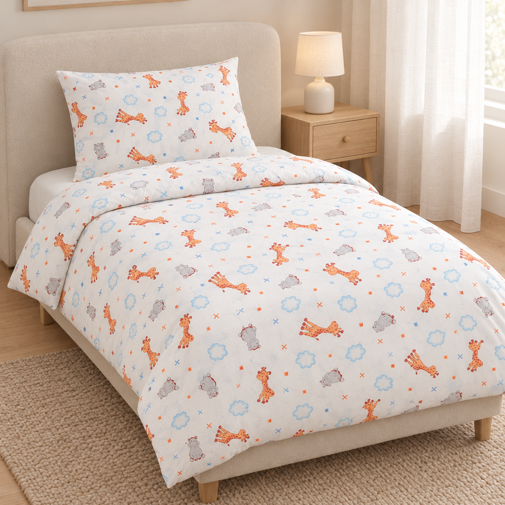 Kinderbettwäsche Giraffe & Nilpferd creme – gemachtes Kinderbett im hellen Kinderzimmer
