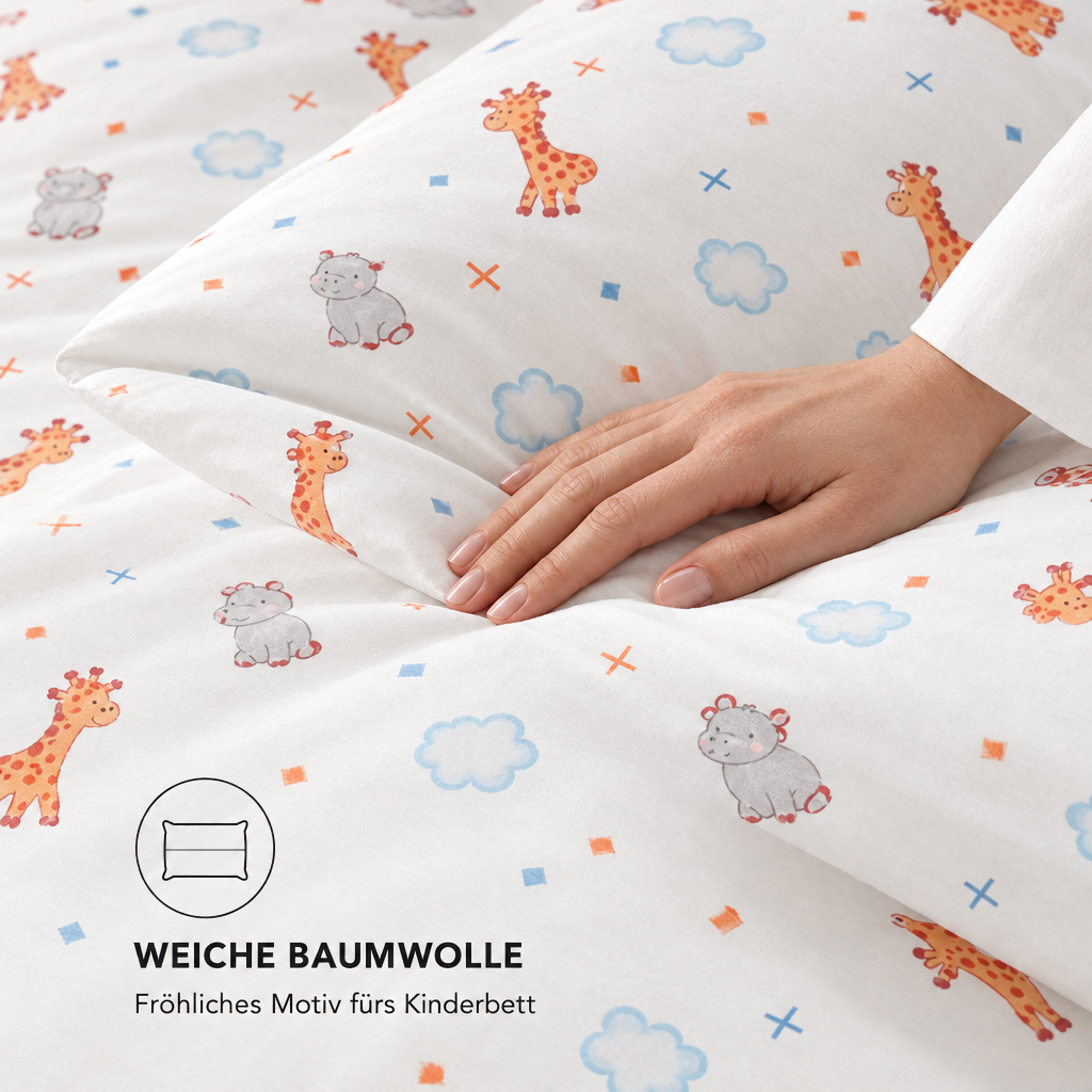 Kinderbettwäsche Giraffe & Nilpferd creme – Hand auf dem Bettbezug zeigt Baumwolle und Motiv