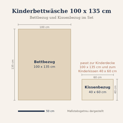 Grafik: Maße des Kinderbettwäsche-Sets – Bettbezug 100 x 135 cm und Kissenbezug 40 x 60 cm, maßstabsgetreu