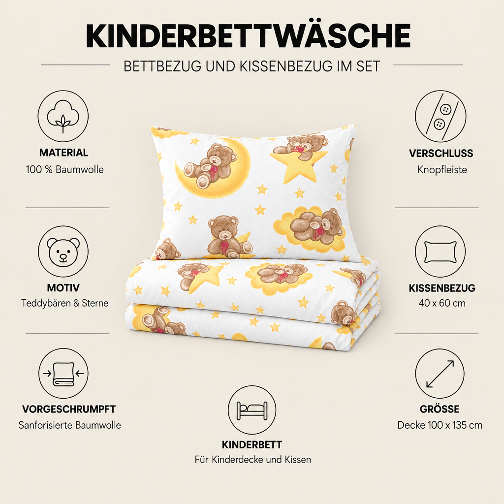 Kinderbettwäsche Teddybär gold – Material, Knopfleiste und Größen im Überblick
