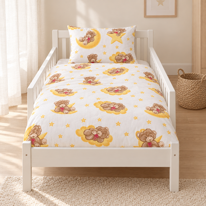 Kinderbettwäsche Teddybär gold – gemachtes Kinderbett im hellen Kinderzimmer
