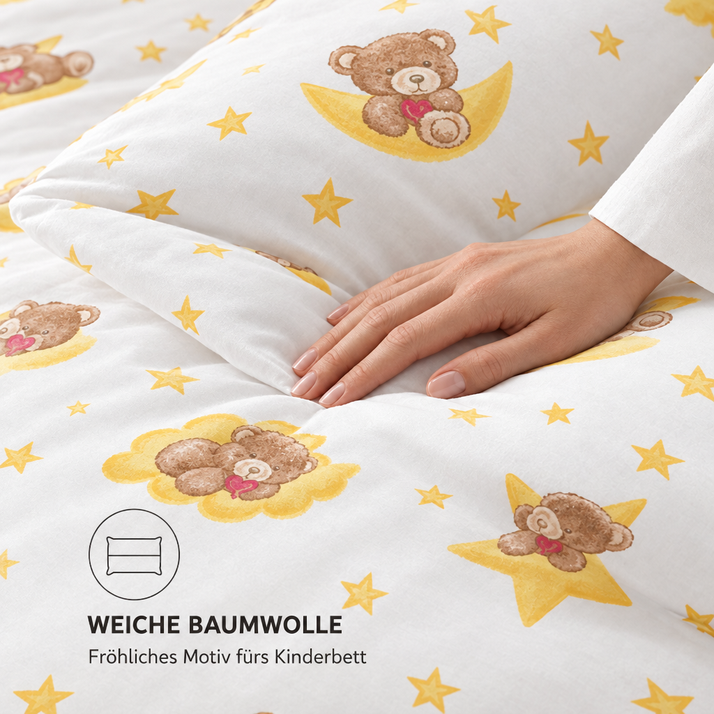 Kinderbettwäsche Teddybär gold – Hand auf dem Bettbezug zeigt Baumwolle und Motiv