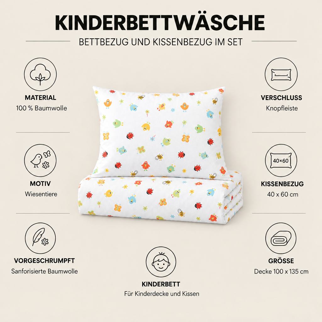 Kinderbettwäsche Wiesentiere bunt – Material, Knopfleiste und Größen im Überblick