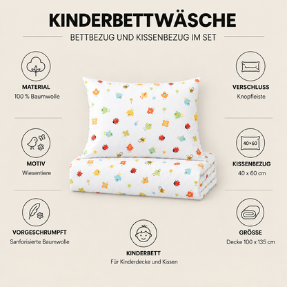 Kinderbettwäsche Wiesentiere bunt – Material, Knopfleiste und Größen im Überblick