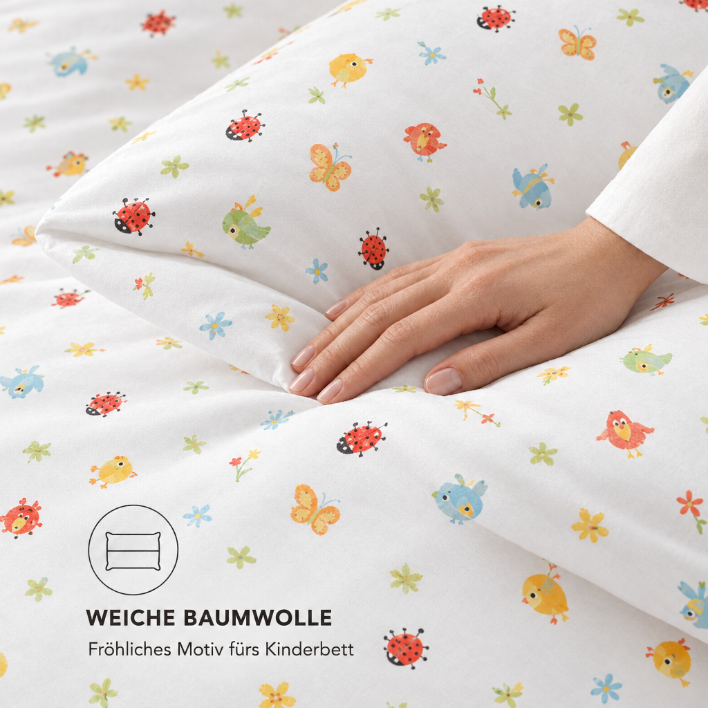 Kinderbettwäsche Wiesentiere bunt – Hand auf dem Bettbezug zeigt Baumwolle und Motiv