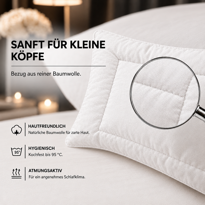 Kinderkissen flach 40x60 – kochfest – Detailansicht mit Lupe
