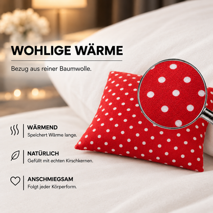Kirschkernkissen rot mit Premium-Kirschkernen – Detailansicht mit Lupe