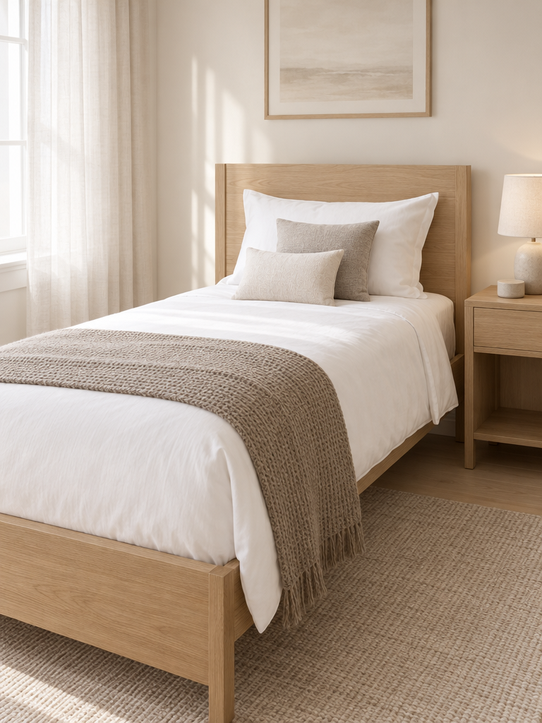 Kissen Hotelqualität im kleinen Format auf einem Einzelbett aus Eiche